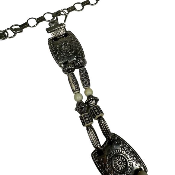 Vintage Western Beaded Medallion Concho Chain Belt Silver Tone Cream Festival main image 7